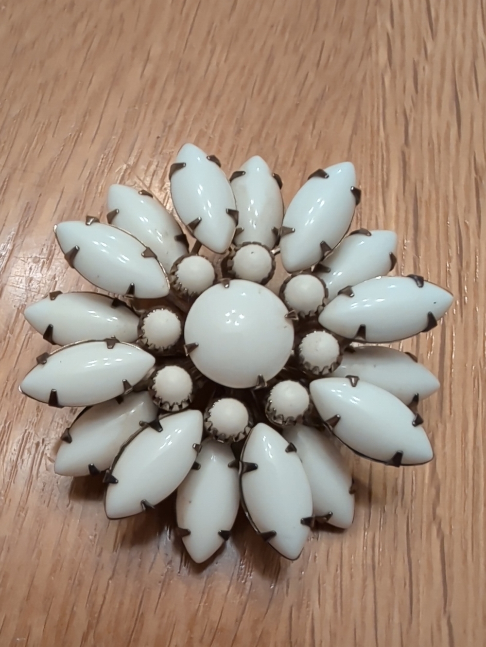 Vintage White Milk Glass Floral Sunburst Brooch